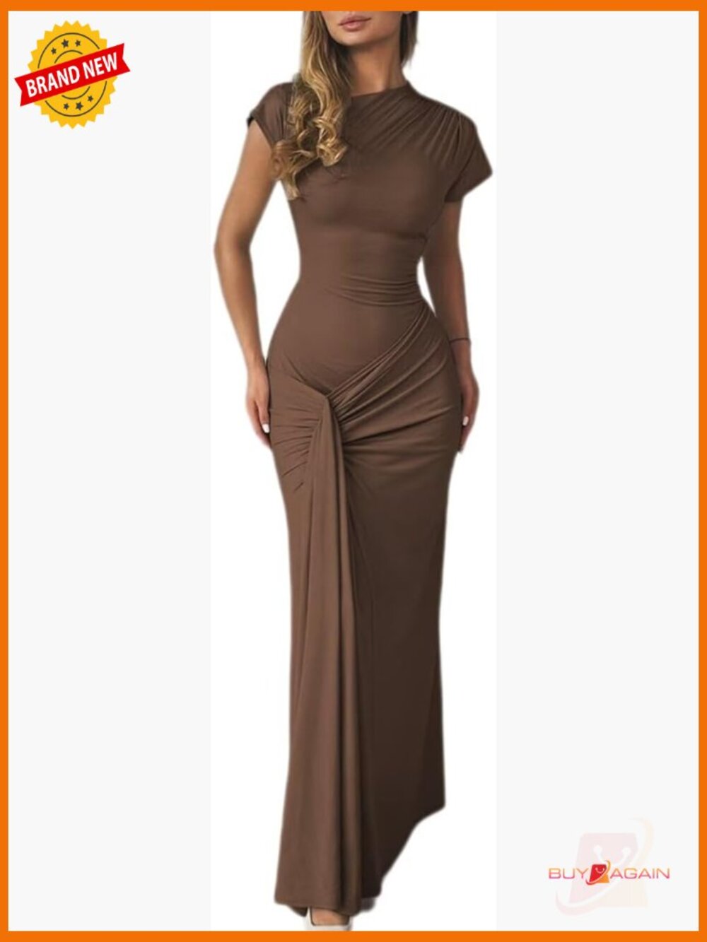 Bodycon Maxi Dress Mock Neck Lace Up Bandage Ruched Short Sleeve Cocktail Dress - Picture 1 of 7